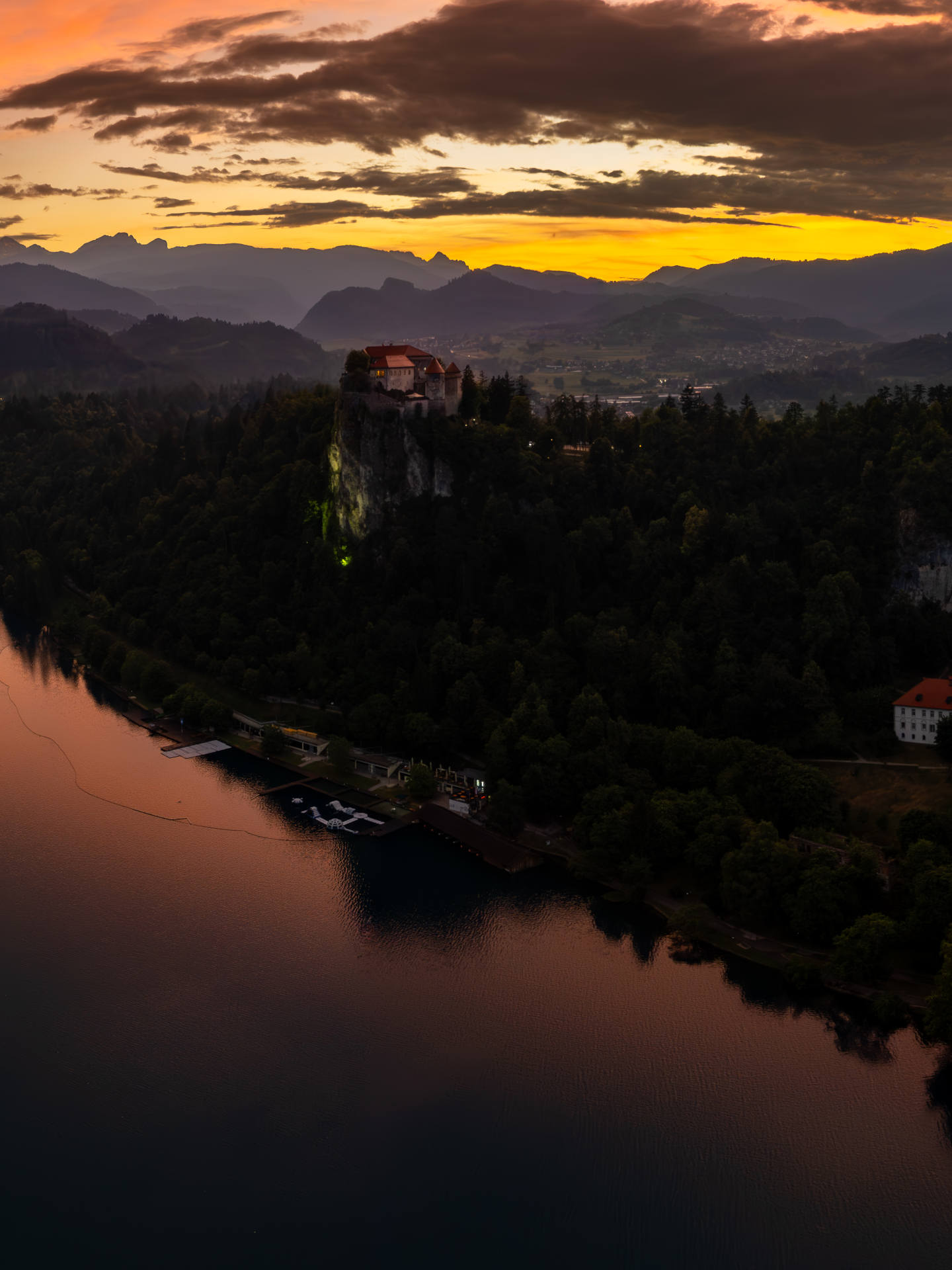 Lake Bled panorama with its island church and the Julian Alps